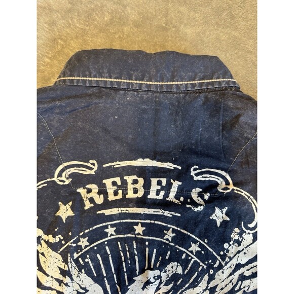 TRANQUILITY AND MAYHEM Men's Large Shirt Blue Pockets Rebels Graphic - Picture 10 of 12